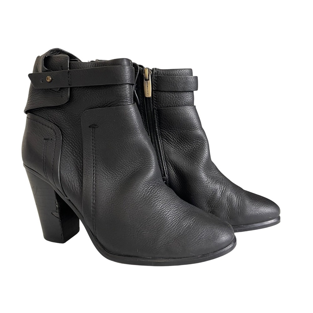 Vince Camuto Black Leather Ankle Boots Block Heel Strap US 6.5 M / EU36.5